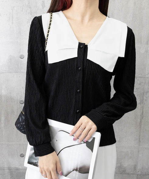 ビッグカラー ワッシャーブラウス 韓国風 ビッグリボン襟ブラウス レディース Vネックシャツブラウス 大人可愛い おしゃれプリーツブラウス上品清楚 パフ袖トップス 6QINGROU-003